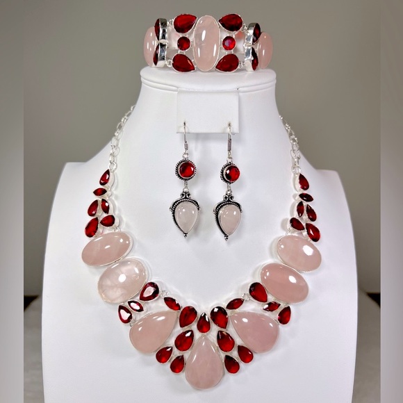 Jewelry - Rose Quartz Garnet 925 Large Necklace Bracelet Earrings